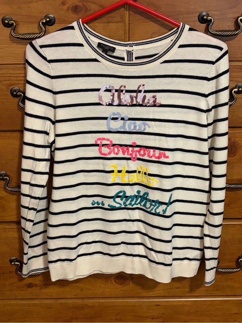 Talbots White & Navy Striped Sequin Graphic Crewneck Sweater